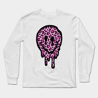 Pink Leopard Drippy Smiley Face Long Sleeve T-Shirt